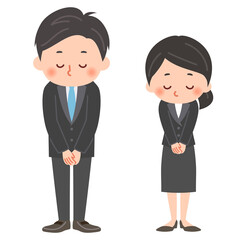 頭を下げるスーツの男女の全身イラスト