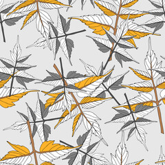 Seamless pattern of a gray and yellow maple leaves isolated on a gray background