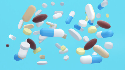 Picture of many medicines,Proper care and use of medicines,medicine,correct drug use,3D rendering