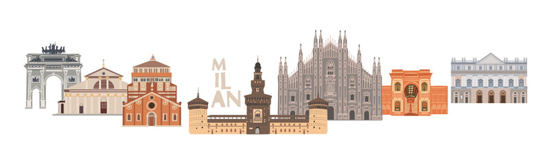 Naklejka premium Milan banner of buildings world famous places. Italy. Cartoon doodle art for design. Traditional symbols full color vector illustration.