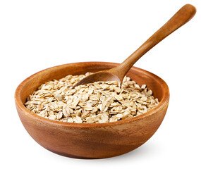 Oat flakes in a wooden plate with a spoon on a white background. Isolated