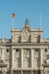 Fototapeta na wymiar Madrid, Spain. October 1, 2019: Royal Palace of Madrid and blue sky.