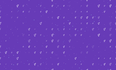 Seamless background pattern of evenly spaced white bigender symbols of different sizes and opacity. Vector illustration on deep purple background with stars