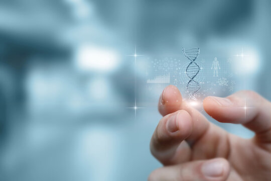 Hand shows DNA molecule on virtual screen.