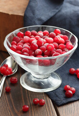 Cranberry berries on rustic background, traditional holiday ingredient for berry jam for christmas or thanksgiving, closeup, copy space, healthy food concept