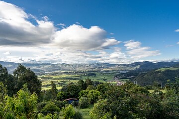 Fototapeta na wymiar Panoramic and rural landscape with blue sky in Nemocon, Cundinamarca.