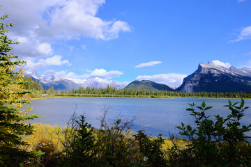 Fototapeta na wymiar Vermillion lake in Canada and mountains in the background, Banff National park