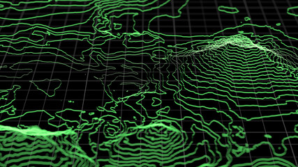 Fly over 3D glowing topographical map. Technological geographica big data futuristic concept 3d render illustration.