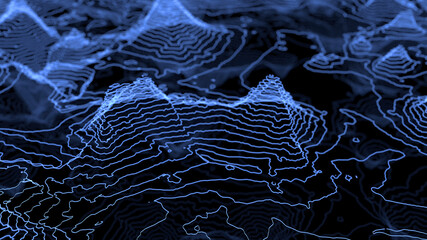 Fly over 3D glowing topographical map. Technological geographica big data futuristic concept 3d render illustration. - obrazy, fototapety, plakaty