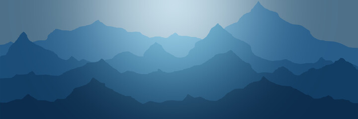 Abstract illustration of mountains, ridge in the morning haze, panoramic view - obrazy, fototapety, plakaty