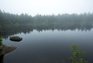 Fog and mist enshroud Lake Solitude in Newbury, New Hampshire.