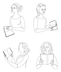 Collection. Silhouette of a lady. The girl is reading a book in a modern one-line style. Solid drawing, home decor sketches, posters, wall art, stickers, logo. Vector illustration set.