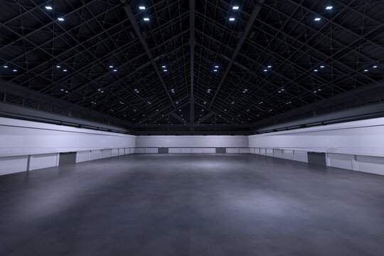 Empty hall exhibition centre.The backdrop for exhibition stands, booth,market,trade show.Conversation for activity,meeting.Arena for entertainment,event,sports.Indoor  for Factory,warehouse.3d render.
