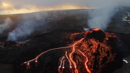 Lava flow indicators and a heat map moving over Volcanic surface - 3d render