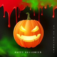 Happy halloween 3D realistic scary jack lantern and bloody background green poison smoke