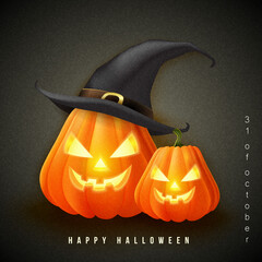 Happy halloween 3D realistic scary jack lantern with witch hat