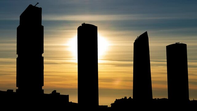 Landscape of Madrid business buildings, Time Lapse at Sunset, Spain