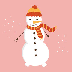 A cute cartoon snowman in a red hat and scarf stands with a carrot instead of a nose. Vector flat illustration.