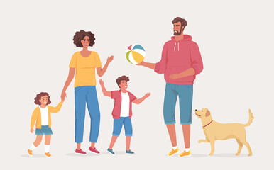 Happy cartoon family playing games and having fun. Cute father, mother, son, daughter and puppy cartoon vector character design 