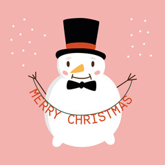 A cute cartoon snowman magician with a black cap on his head and a signboard - Merry Christmas, stands on a pink background. Vector flat illustration.