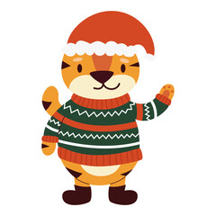 A kind cartoon tiger in a red hat and green sweater warmed up for winter and waving his paw hello. Vector flat illustration