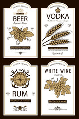 collection of vodka, wine, beer and rum labels isolated on white background