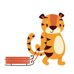 A cute Christmas cartoon tiger is carrying a red sled to ride. Year of the Tiger and Happy New Year. Vector flat illustration