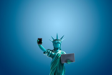 Plasticine 3d illustration of the statue of liberty with a phone and a laptop, on a blue background, room for text © Valeriia