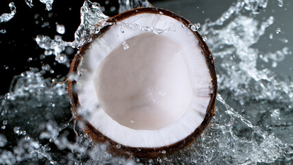 Freeze Motion Shot of Splashing Water on Coconut, close-up.