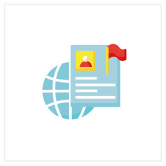 International resume flat icon. Abroad employment. Foreign country employee. Global job search. Personal information, cv. Job, recruitment, career growth concept. Isolated vector illustration