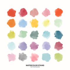 Set of colorful watercolor hand painted round shapes, stains, circles, blobs isolated on white. Illustration for artistic design