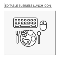 Balanced nutrition line icon. Dinner at work. Keyboard and computer mouse. Workplace. Snack. Business lunch concept. Isolated vector illustration. Editable stroke