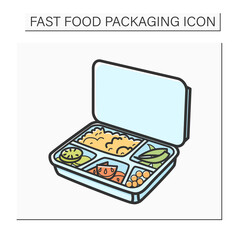  Lunchbox color icon.Container filled with rice,tomato,boiled egg and asparagus.Disposable box with healthy meal .Take away.Fast Food Packaging.Isolated vector illustration