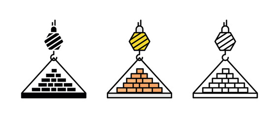 Crane transport and brick construction icon set. Engineering icon. Art vector illustration set. Editable row set. Silhouette, colored and linear icon set.