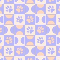 Vector seamless pattern of traces of cat paws on a chessboard and semicircles. Lilac, violet, yellow, orange colors. For textiles, wrapping paper, napkins, backgrounds.