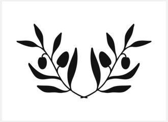 Doodle olive wreath. Branch with leaf and fruit isolated on white. Frame, border for design. Vector stock illustration. EPS 10