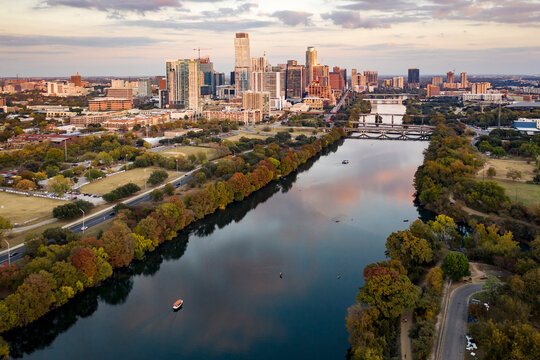 Aerial view of Austin Texas skyline with park