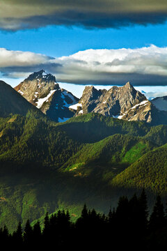 Scenic layers of lush forest, rugged mountain peaks and dramatic light