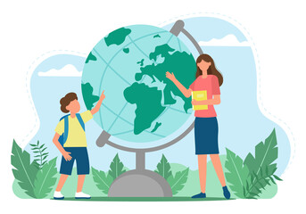 The teacher explains the lesson. Learning, boy in geography lesson. Student internship or tutor. Vector illustration in flat style © Оля Палац