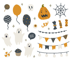 Halloween party cute vector set for design. Doodle elements: pumpkin, ghost, garland, scull, sweets, spiderweb, balloon, eye.