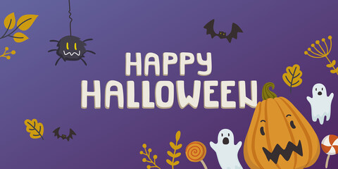 Cute halloween banner with pumpkin, ghost, bat, candy, autumn leaves. Happy halloween text.