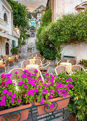 Fototapeta na wymiar Outdoor restaurant ready for customers in Taormina