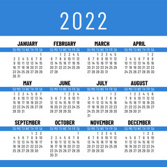 Calendar 2022 year. English vector simple square wall or pocket calender template. Week starts on Sunday