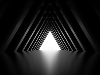 Abstract shiny black triangular tunnel, 3 d