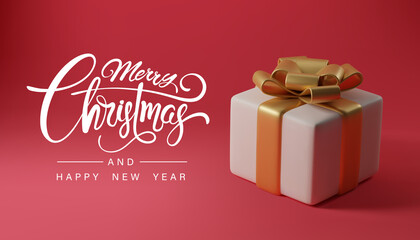 Merry Christmas and happy new year calligraphy and Christmas Gift on red banner, Holiday and festival celebration concept.
