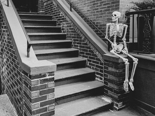 Skeleton portrait, sat on the stairwell of building entrance. 