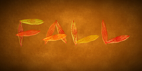 Napis z jesiennych liści na planszy w kolorach zgniłych liści. Nadaje sie na tło