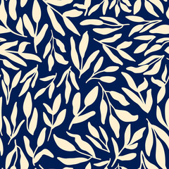 Leaf silhouettes seamless repeat pattern. Random placed, vector botany plants all over print on dark blue background.