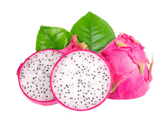 Dragon fruit with green leaves, isolated on white background. Slice of fresh Pitaya or Pitahaya...