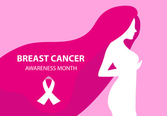 Obraz na płótnie Canvas Breast Cancer Awareness Month. Silhouette woman checks her breasts template for your design poster, banner. Vector illustration